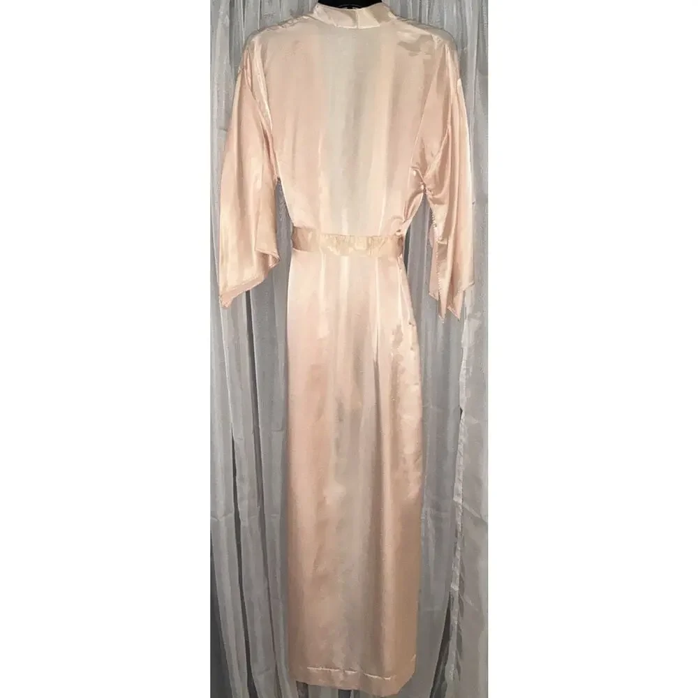 VTG Blush Pink Satin Elegant Long Lounge Robe With Kimono Sleeve Detail Large